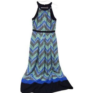 Ann Taylor Womens Dress 8 Maxi Chiffon Crewneck Green Blue Striped